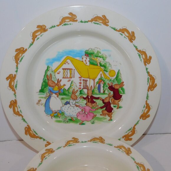 VTG 2002 Royal Doulton Bunnykins Melamine Child Plate and Bowl Set Bunnies Dance - Picture 5 of 7